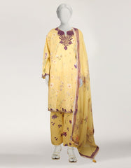 J. yellow lawn embroidered stitched 3pc