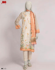 J. 3pc Lawn beige Printed Stitched