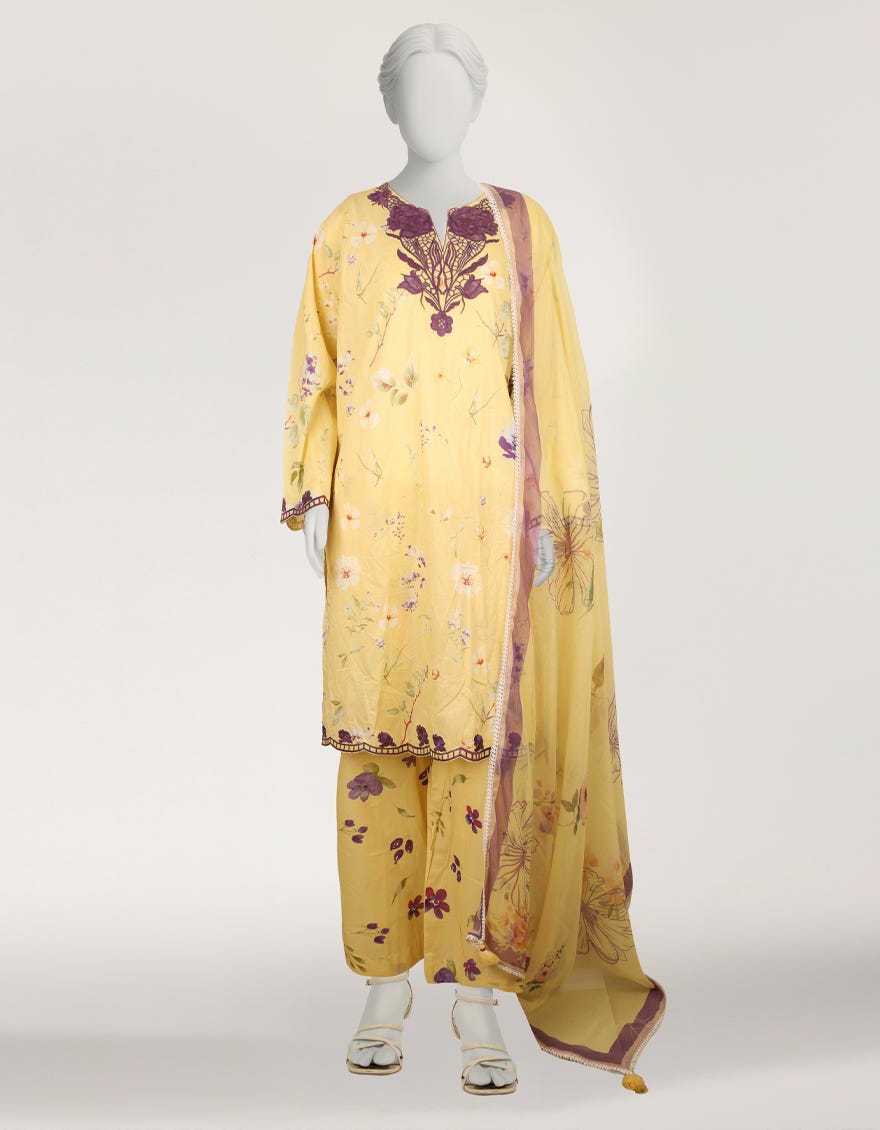 J. yellow lawn embroidered stitched 3pc